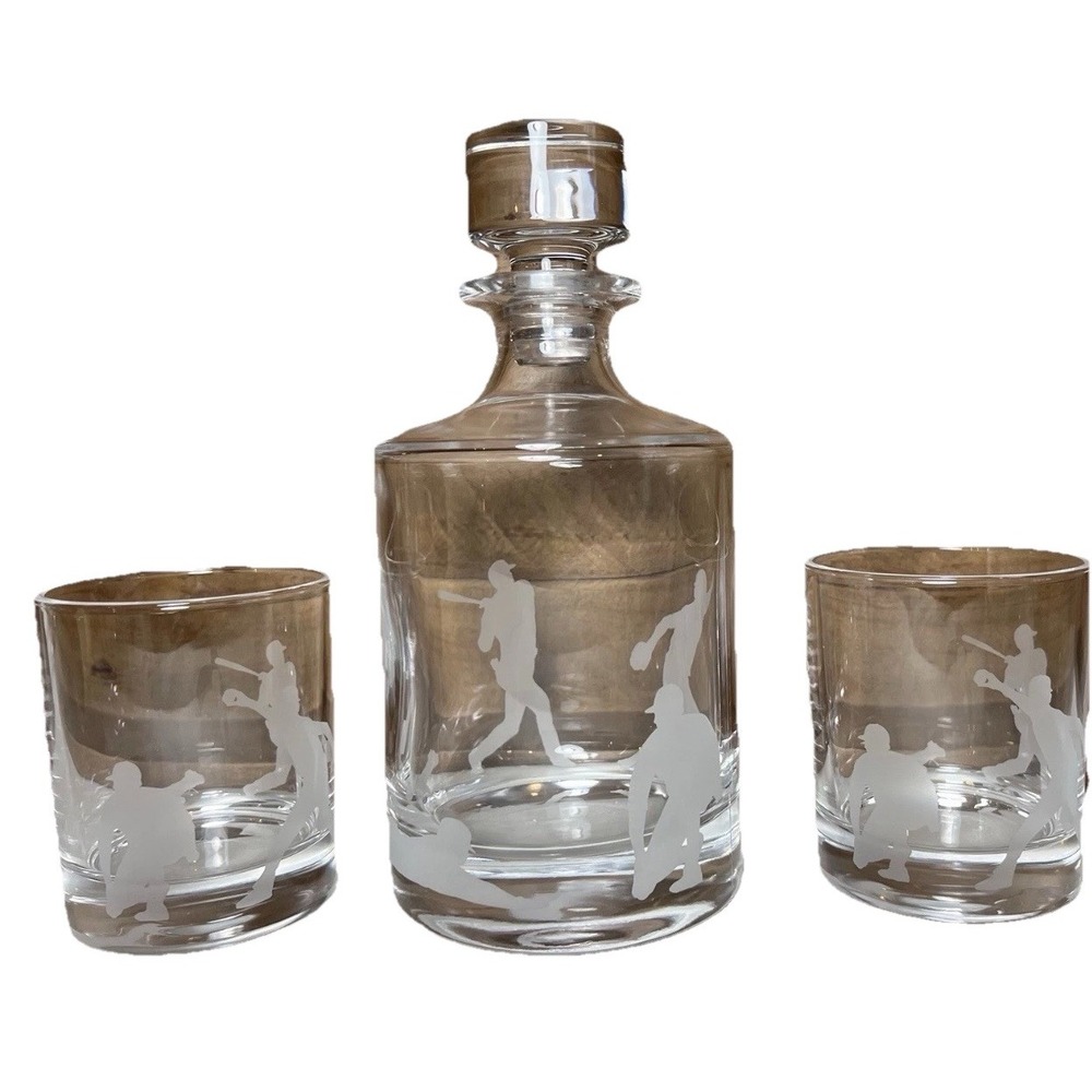 POTTERY BARN MLB Baseball Etched Glass Decanter and Whiskey Glass 3-Piece Set